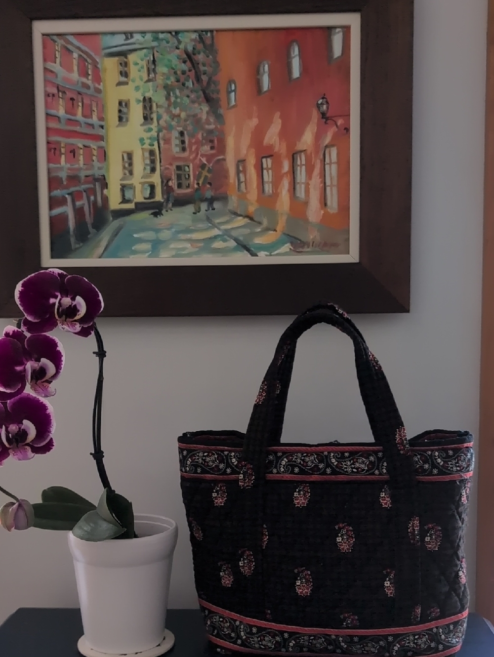 Vera Bradley Black Quilted Floral Tote with Pink Accents